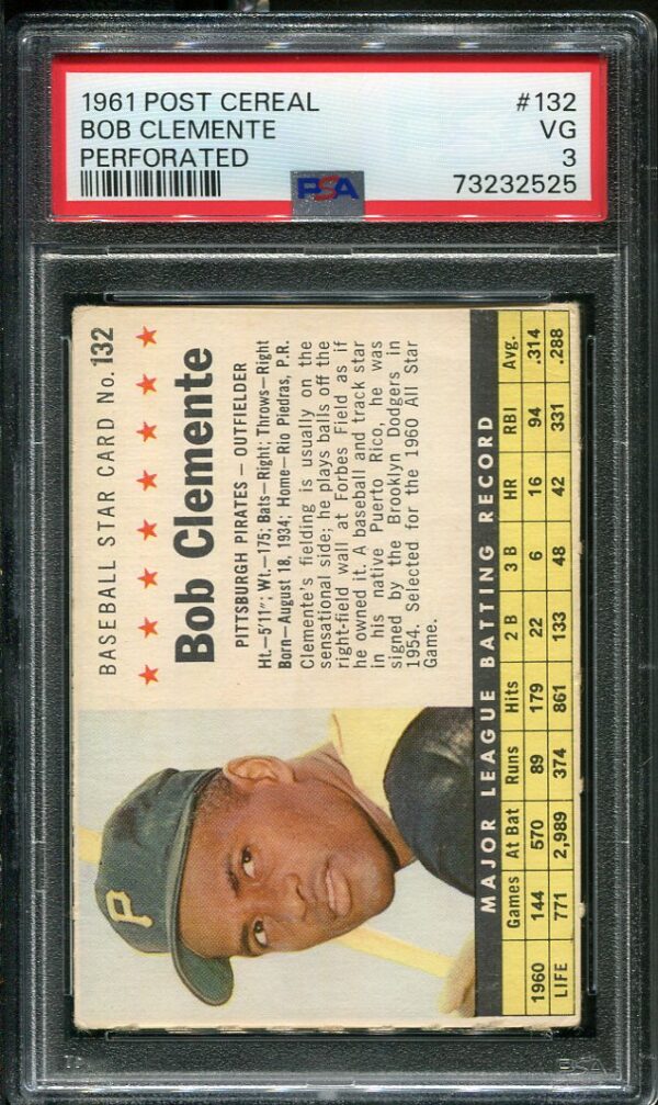 Authentic 1961 Post Cereal Perforated #132 Roberto Clemente PSA 3 Baseball Card