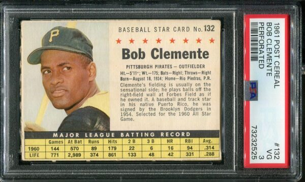 Authentic 1961 Post Cereal Perforated #132 Roberto Clemente PSA 3 Baseball Card