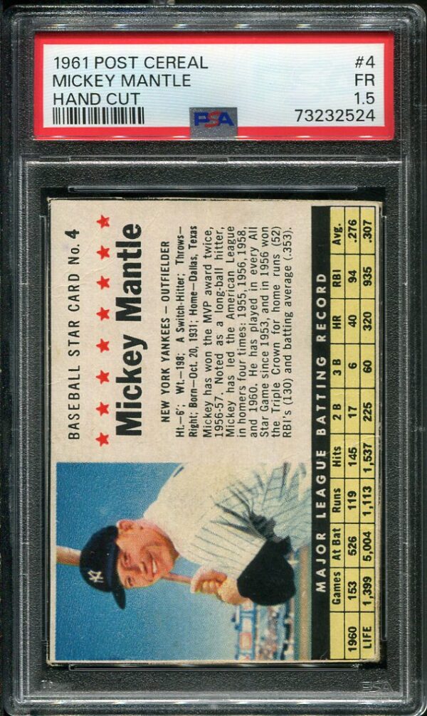 Authentic 1961 Post Cereal Hand Cut #4 Mickey Mantle PSA 1.5 Baseball Card