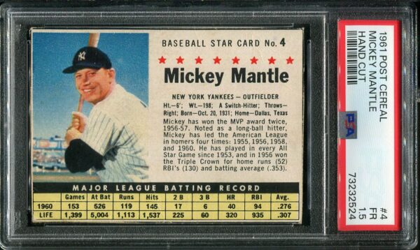 Authentic 1961 Post Cereal Hand Cut #4 Mickey Mantle PSA 1.5 Baseball Card