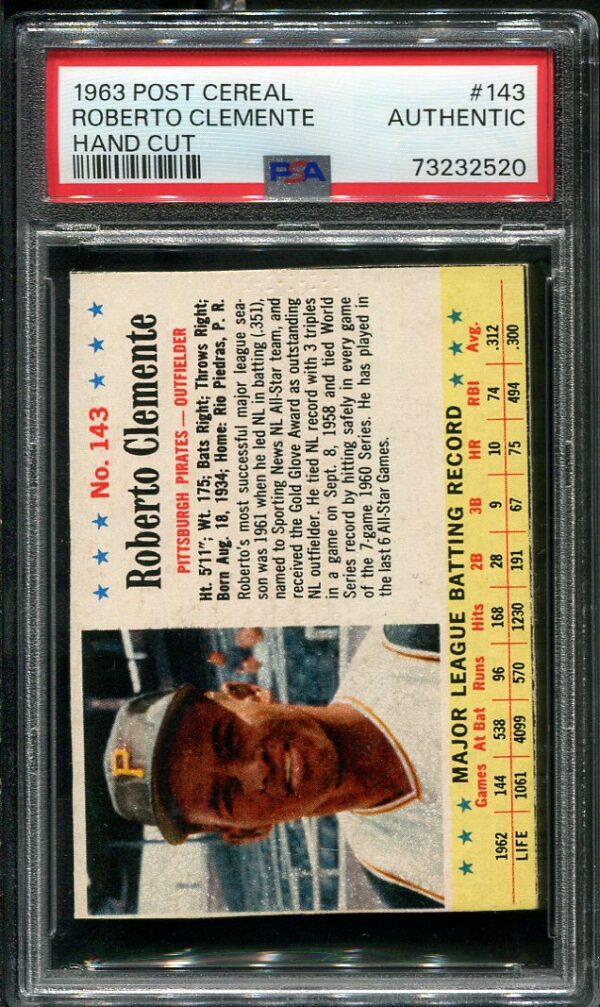 1963 Post Cereal Hand Cut #143 Roberto Clemente PSA Authentic Baseball Card