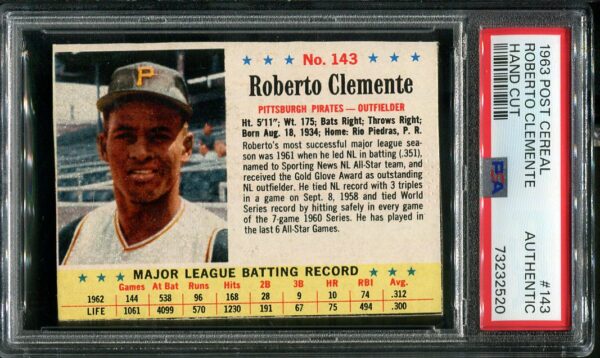 1963 Post Cereal Hand Cut #143 Roberto Clemente PSA Authentic Baseball Card