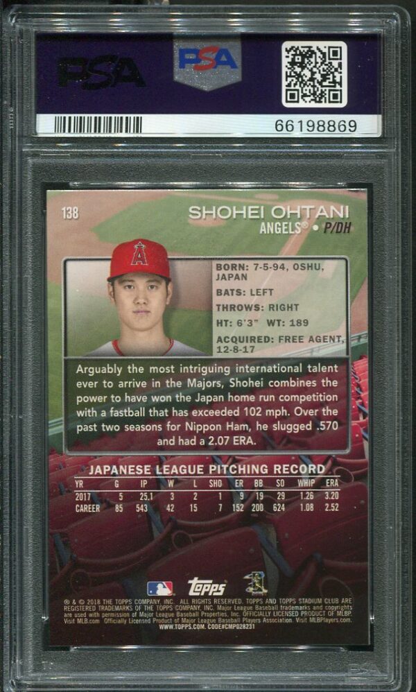 Authentic 2018 Stadium Club #138 Red Foil Shohei Ohtani PSA 10 Rookie Baseball Card