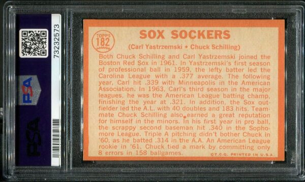 Authentic 1964 Topps #182 Sox Sockers Carl Yastrzemski/Chuck Schilling PSA 6 Baseball Card