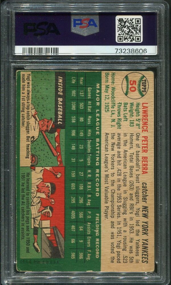 Authentic 1954 Topps #50 Yogi Berra PSA 2 Baseball Card