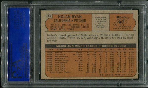 Authentic 1972 Topps #595 Nolan Ryan baseball card with an EX-MT PSA 6 grade