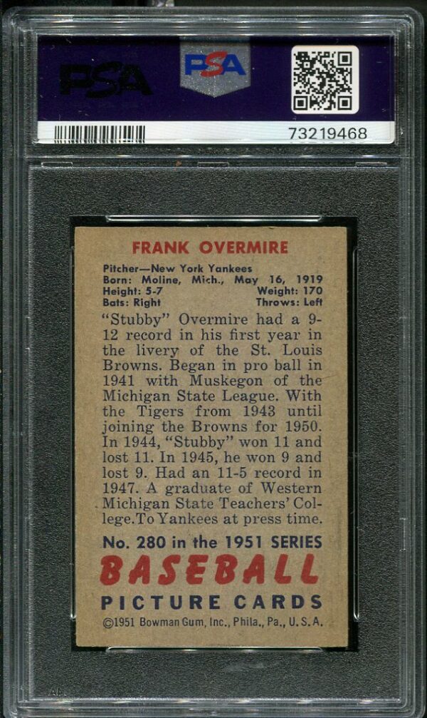 1951 Bowman #280 Frank Overmire PSA 4 (73219468) - All Star Cards Inc