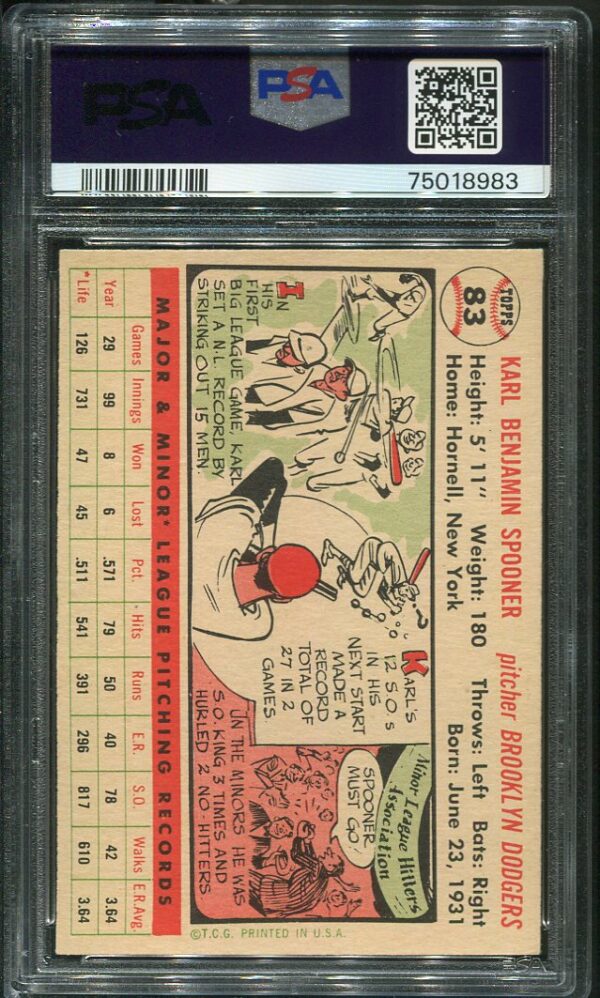 Authentic 1956 Topps #83 Karl Spooner PSA 6 White Back Baseball Card