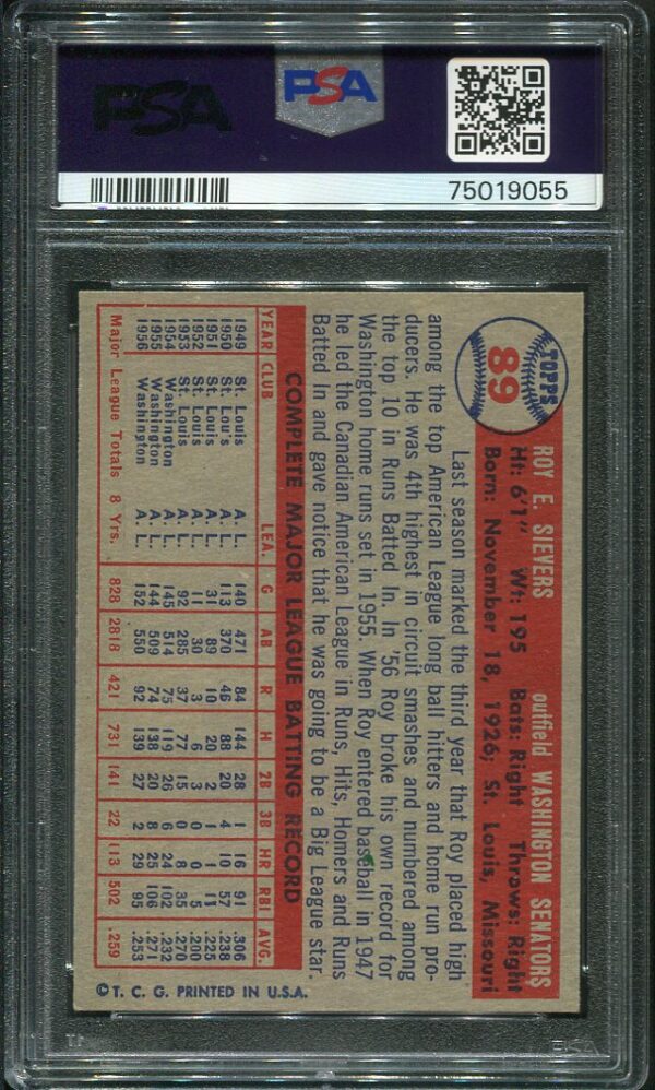 Authentic 1957 Topps #89 Roy Sievers PSA 8 Baseball Card