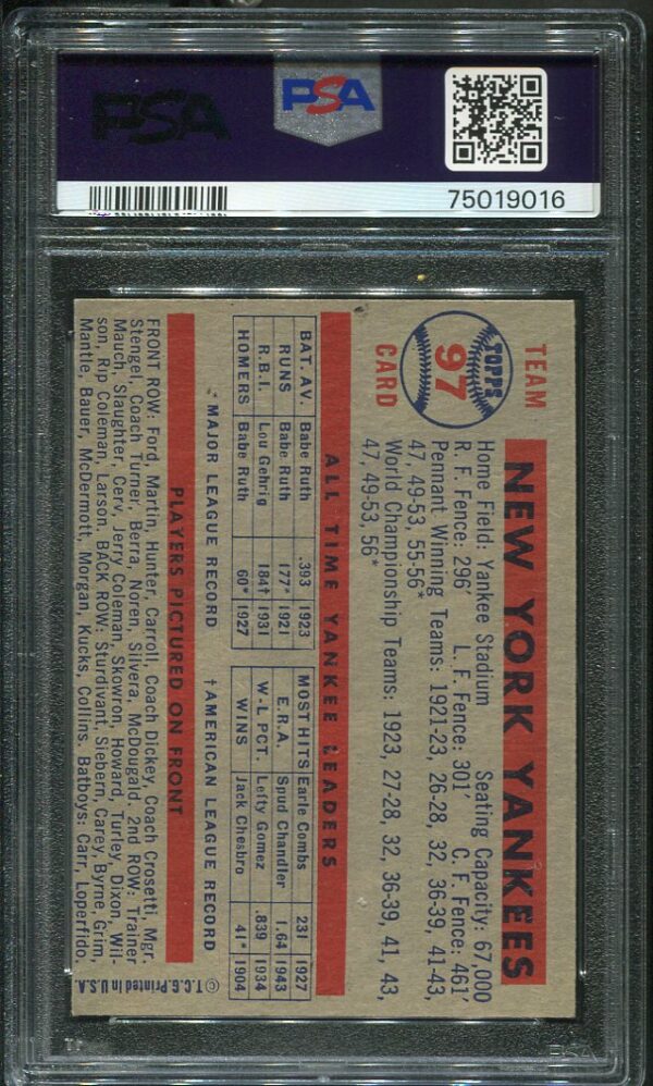 Authentic 1957 Topps #897 Yankees Team PSA 6 Baseball Card