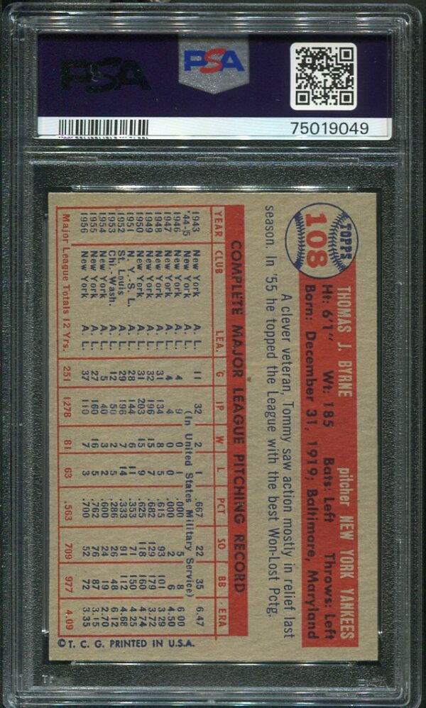 Authentic 1957 Topps #108 Tommy Byrne PSA 7 Baseball Card