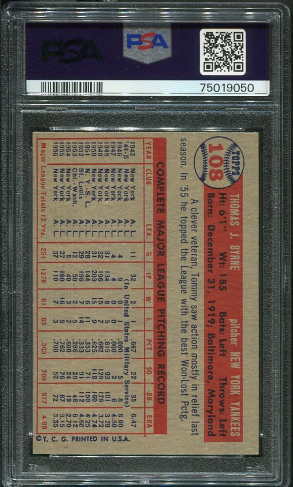 Authentic 1957 Topps #108 Tommy Byrne PSA 5 Baseball Card