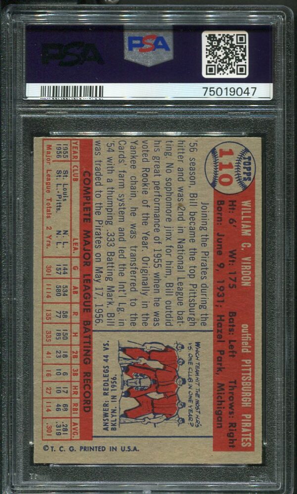 Authentic 1957 Topps #110 Bill Virdon PSA 8 Baseball Card