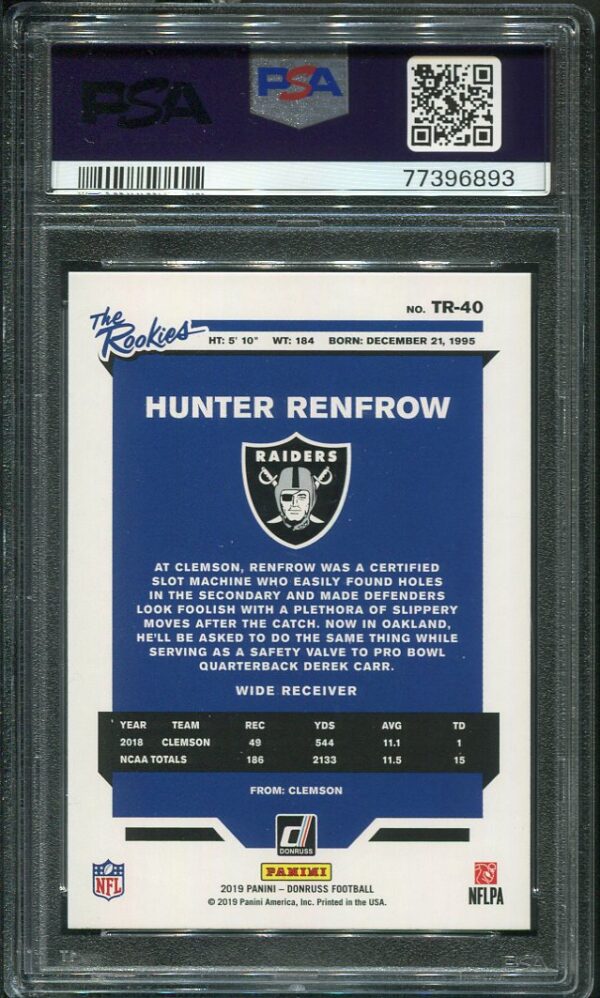 Authentic 2019 Panini Donruss #TR40 Hunter Renfrow PSA 10 Rookie Football Card