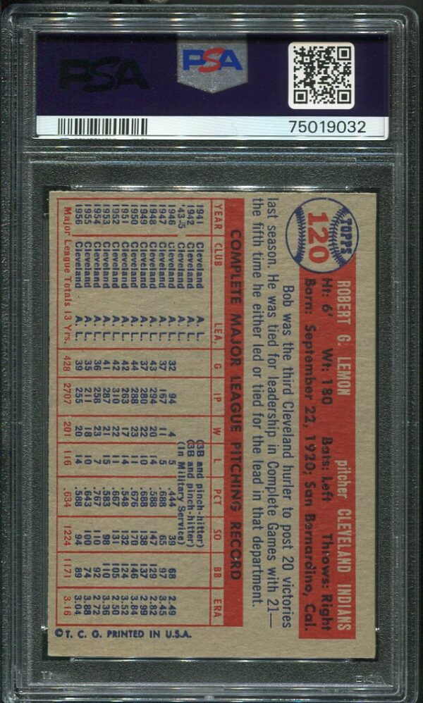 Authentic 1957 Topps #120 Bob Lemon PSA 5 Baseball Card