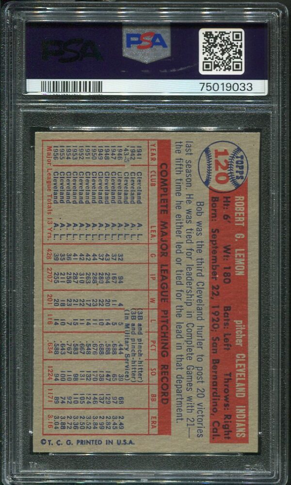 Authentic 1957 Topps #120 Bob Lemon PSA 6 Baseball Card