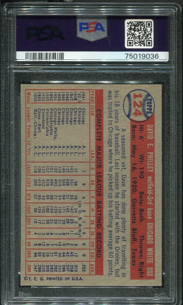 Authentic 1957 Topps #124 Dave Philley PSA 8 Baseball Card