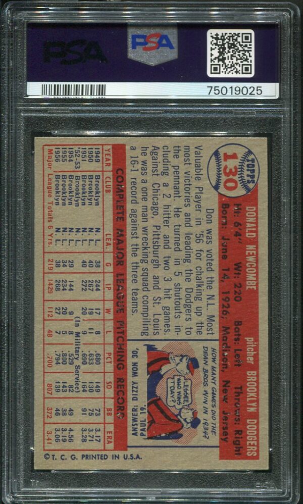 Authentic 1957 Topps #130 Don Newcombe PSA 5 Baseball Card