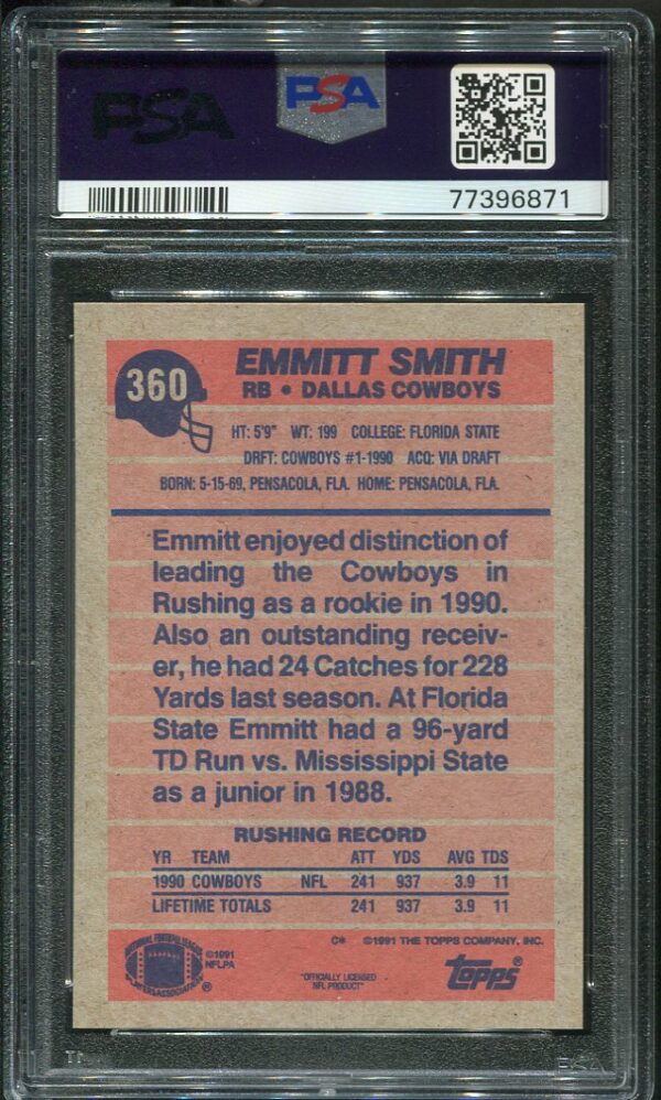 Authentic 1991 Topps #360 Emmitt Smith PSA 9 Football Card