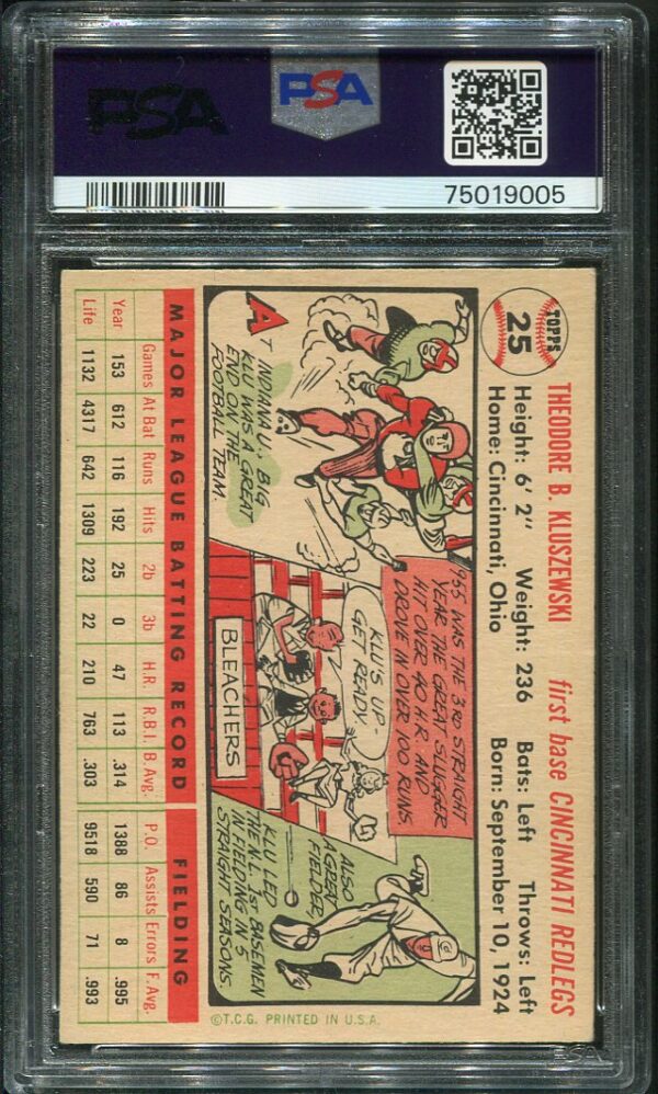 Authentic 1956 Topps #25 Ted Kluszewski PSA 6 Back Baseball Card