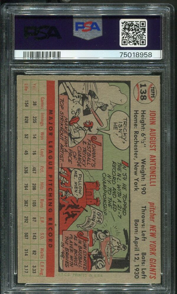 Authentic 1956 Topps #138 Johnny Antonelli PSA 7 Gray Back Baseball Card