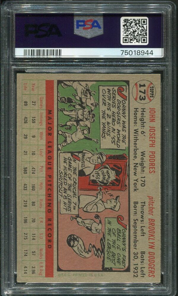 Authentic 1956 Topps #173 Johnny Podres PSA 7 Gray Back Baseball Card