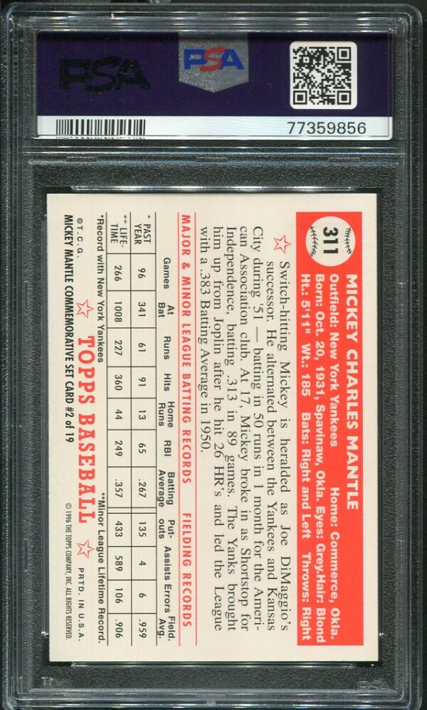 1996 Topps Mantle #2 1952 Topps Reprint Mickey Mantle PSA 9 Baseball Card