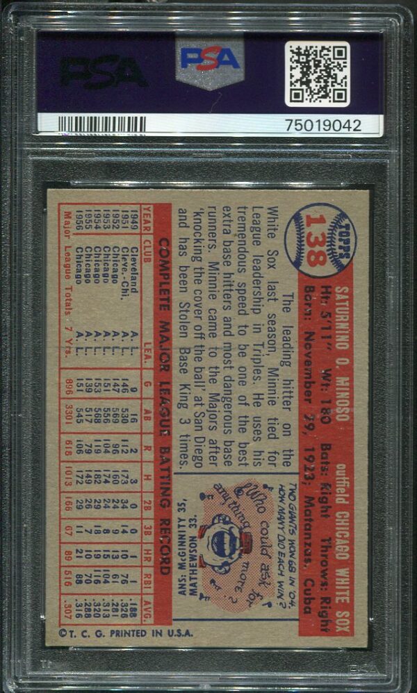 Authentic 1957 Topps #138 Minnie Minoso PSA 6 Baseball Card