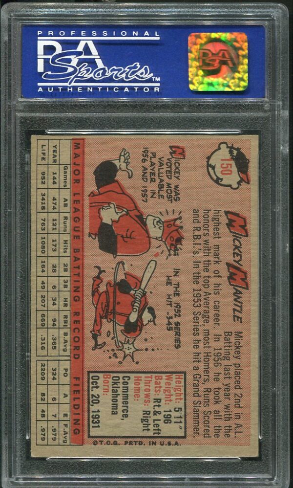 Authentic Mickey Mantle 1958 Topps #150 PSA 7 Baseball Card