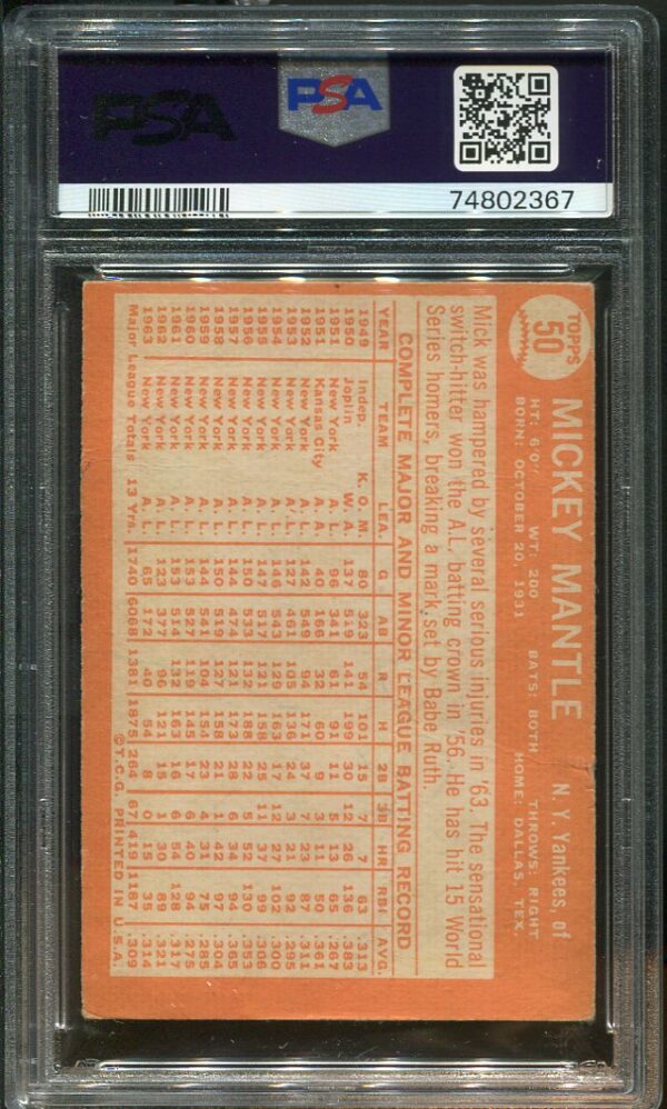 Authentic 1964 Topps #50 Mickey Mantle PSA 1 Baseball Card