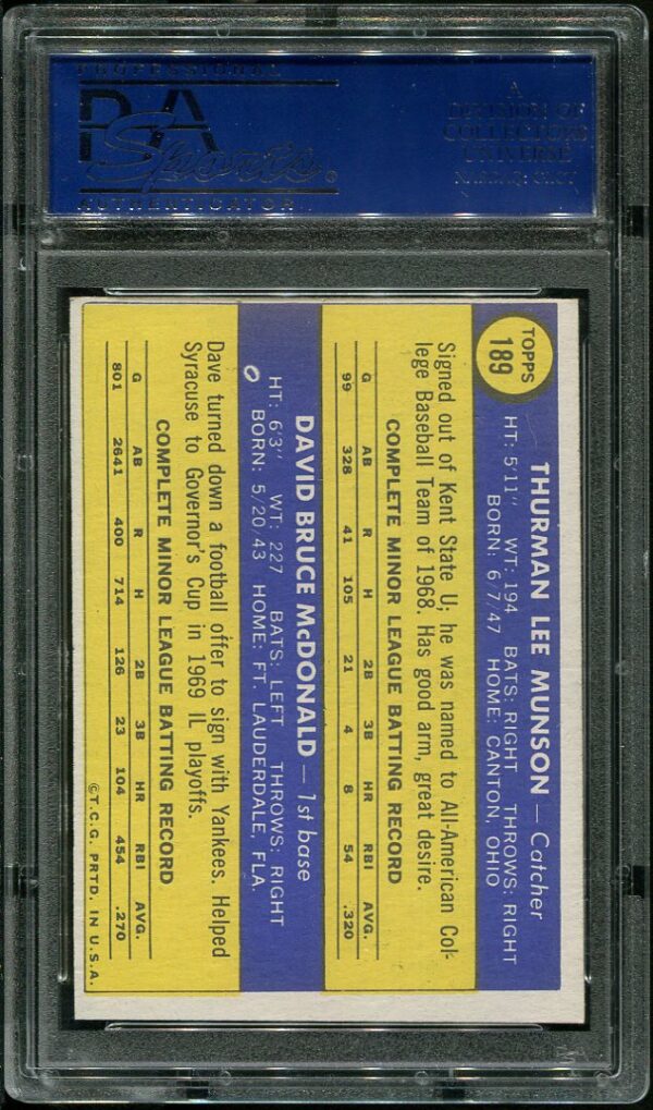 Authentic 1970 Topps #189 Thurman Munson PSA 7 Rookie Baseball Card