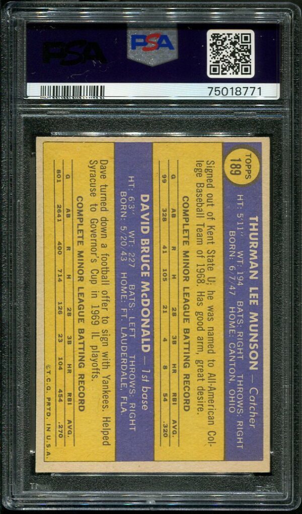 Authentic 1970 Topps #189 Thurman Munson PSA 6 Rookie Baseball Card