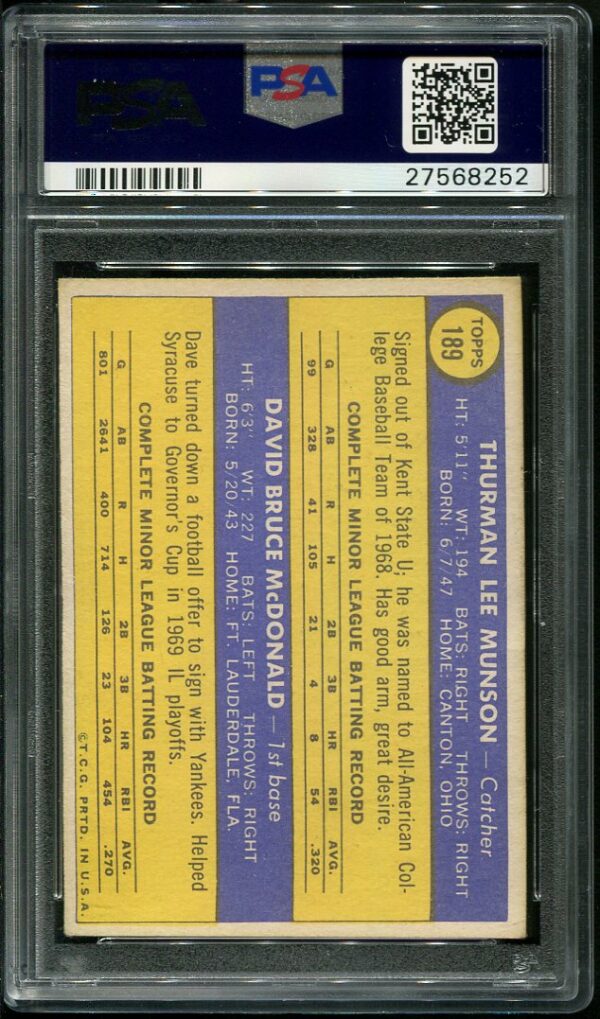 Authentic 1970 Topps #189 Thurman Munson PSA 5 Rookie Baseball Card