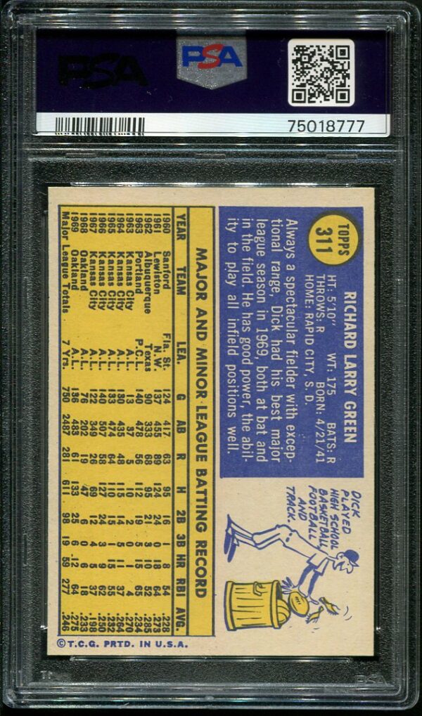 Authentic 1970 Topps #311 Dick Green PSA 9 Baseball Card