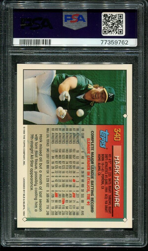 1994 Topps #340 Mark McGwire PSA GEM MINT 10 Baseball Card