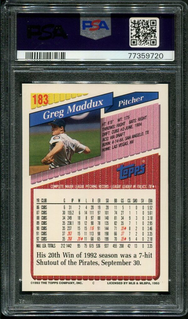 1993 Topps #183 Greg Maddux PSA GEM MINT 10 Baseball Card