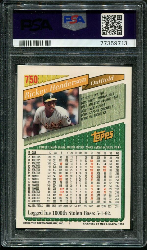 1993 Topps #750 Rickey Henderson PSA 9 Baseball Card