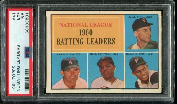 Authentic 1961 Topps #41 NL Batting Leaders Clemente/Mays PSA 5.5 Vintage Baseball Card