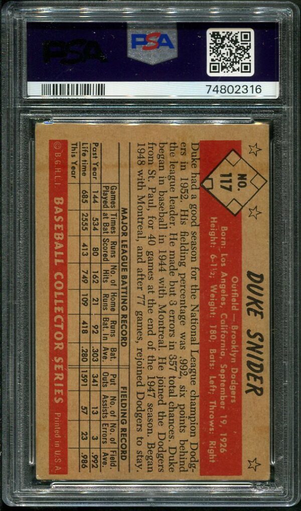 Authentic 1953 Bowman Color #117 Duke Snider PSA 4 Baseball Card