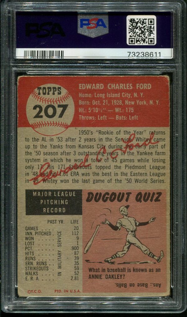 Authentic 1953 Topps #207 Whitey Ford PSA 2 Baseball Card