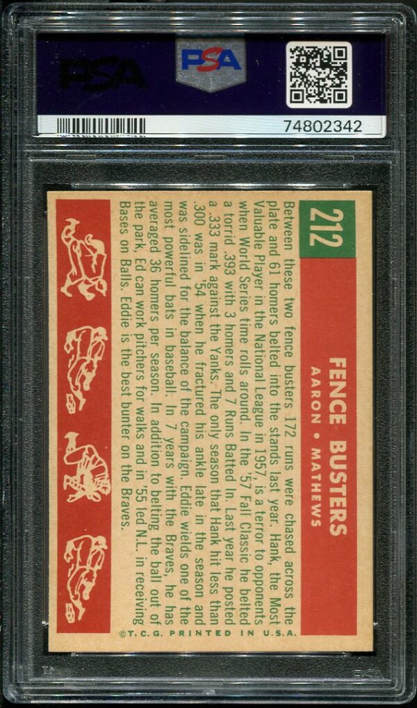 Authentic 1959 Topps #212 Fence Busters Hank Aaron/Eddie Mathews PSA 5 Baseball Card