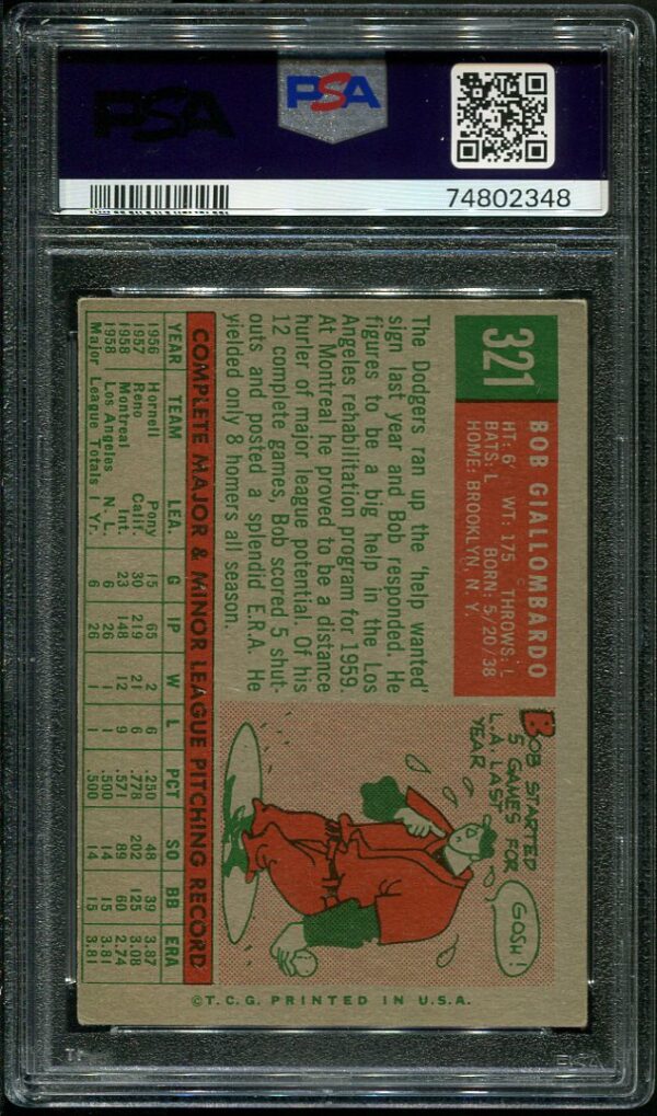 Authentic 1959 Topps #321 Bob Giallombardo (No Optioned Statement) PSA 4 Baseball Card