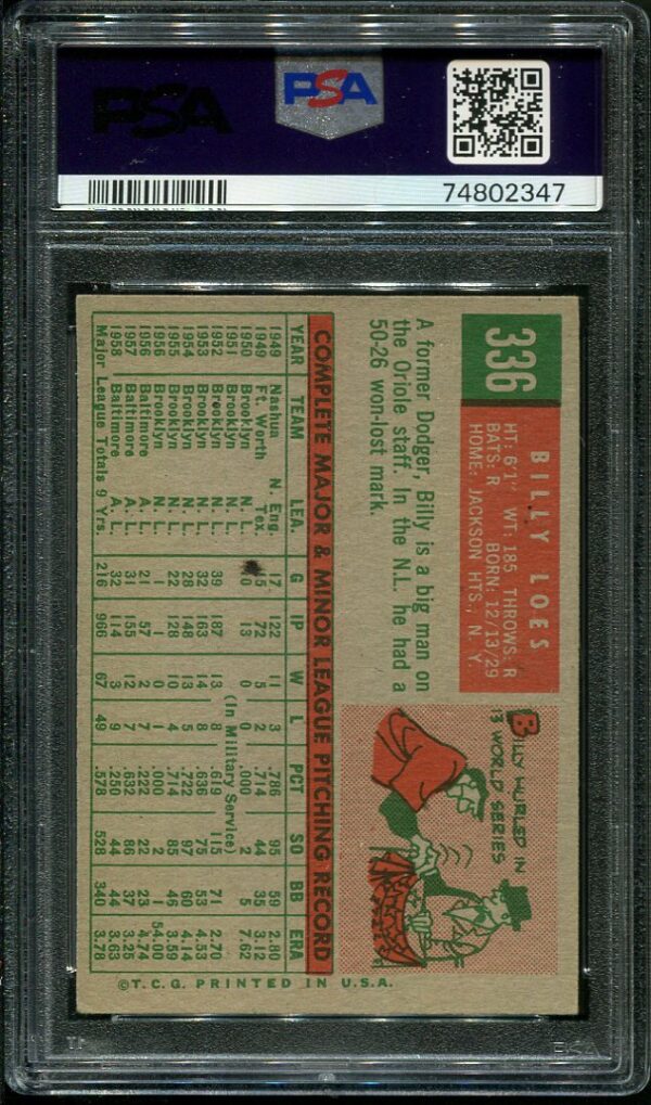 Authentic 1959 Topps #336 Billy Loes PSA 6 Baseball Card