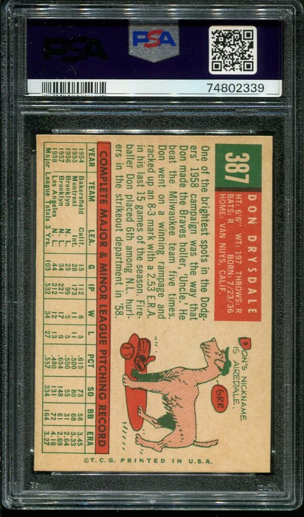 Authentic 1959 Topps #387 Don Drysdale PSA 7 Baseball Card