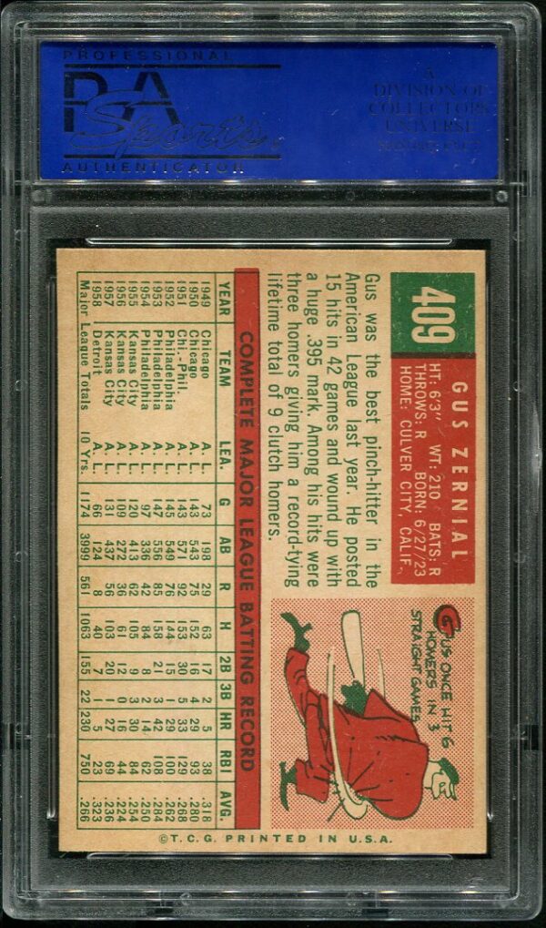 Authentic 1959 Topps #409 Gus Zernial PSA 8 Baseball Card