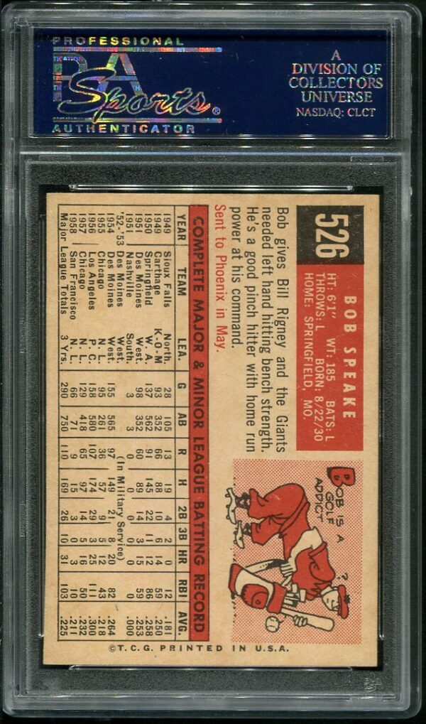 Authentic 1959 Topps #526 Bob Speake PSA 7 Baseball Card