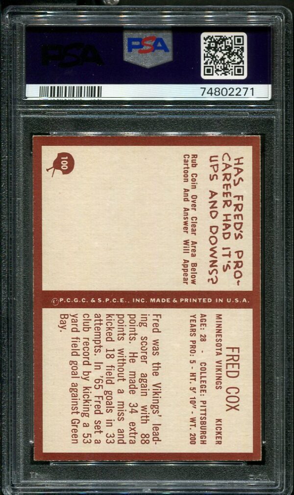 Authentic 1967 Philadelphia #100 Fred Cox PSA 7 Football Card