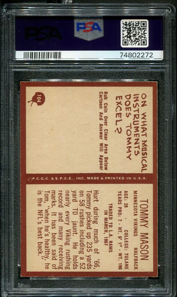 Authentic 1967 Philadelphia #104 Tommy Mason PSA 8 Football Card