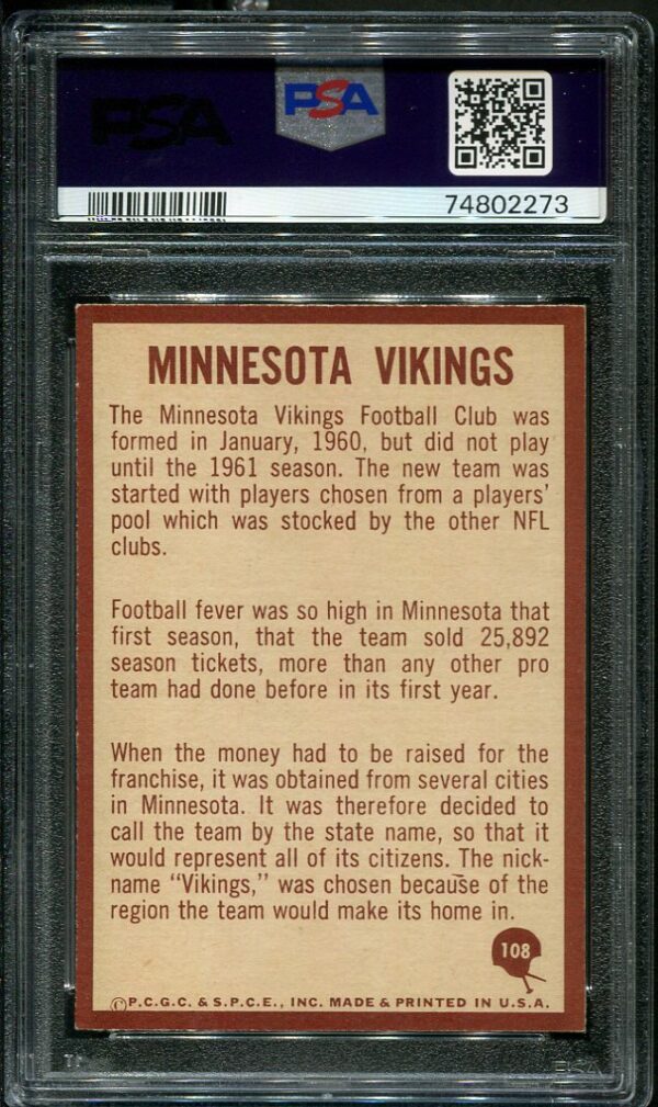 1967 Philadelphia #108 Minnesota Vikings Insignia PSA 8 Football Card