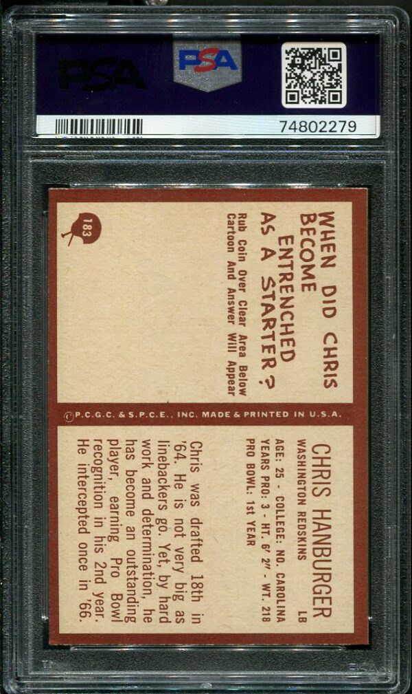 Authentic 1967 Philadelphia #183 Chris Hanburger PSA 8 Rookie Football Card